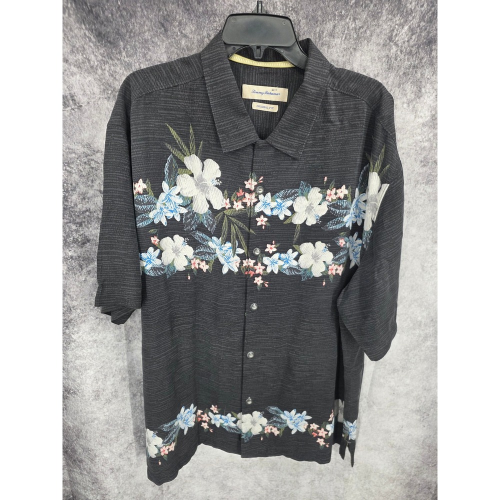 Tommy Bahama Hawaiian Shirt Men 2XL Charcoal Grey Button Up Floral Vacation Silk